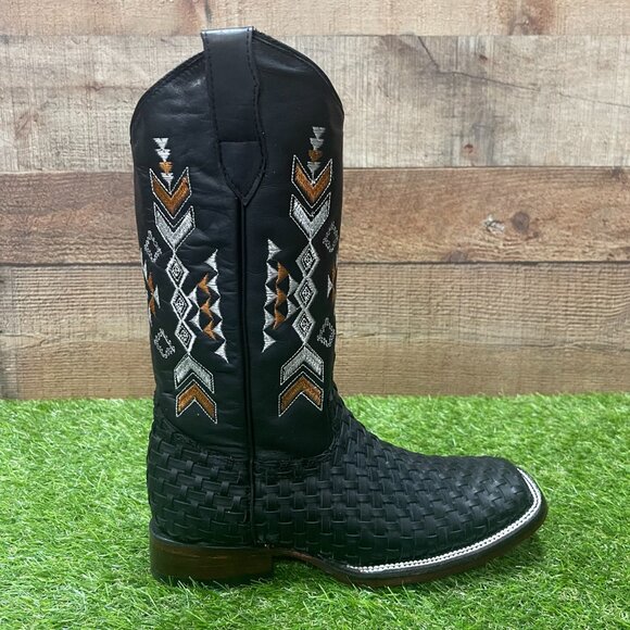 Women's Western Rodeo Cowgirl Black Square Toe Genuine Leather Handwoven Boots - Picture 6 of 8